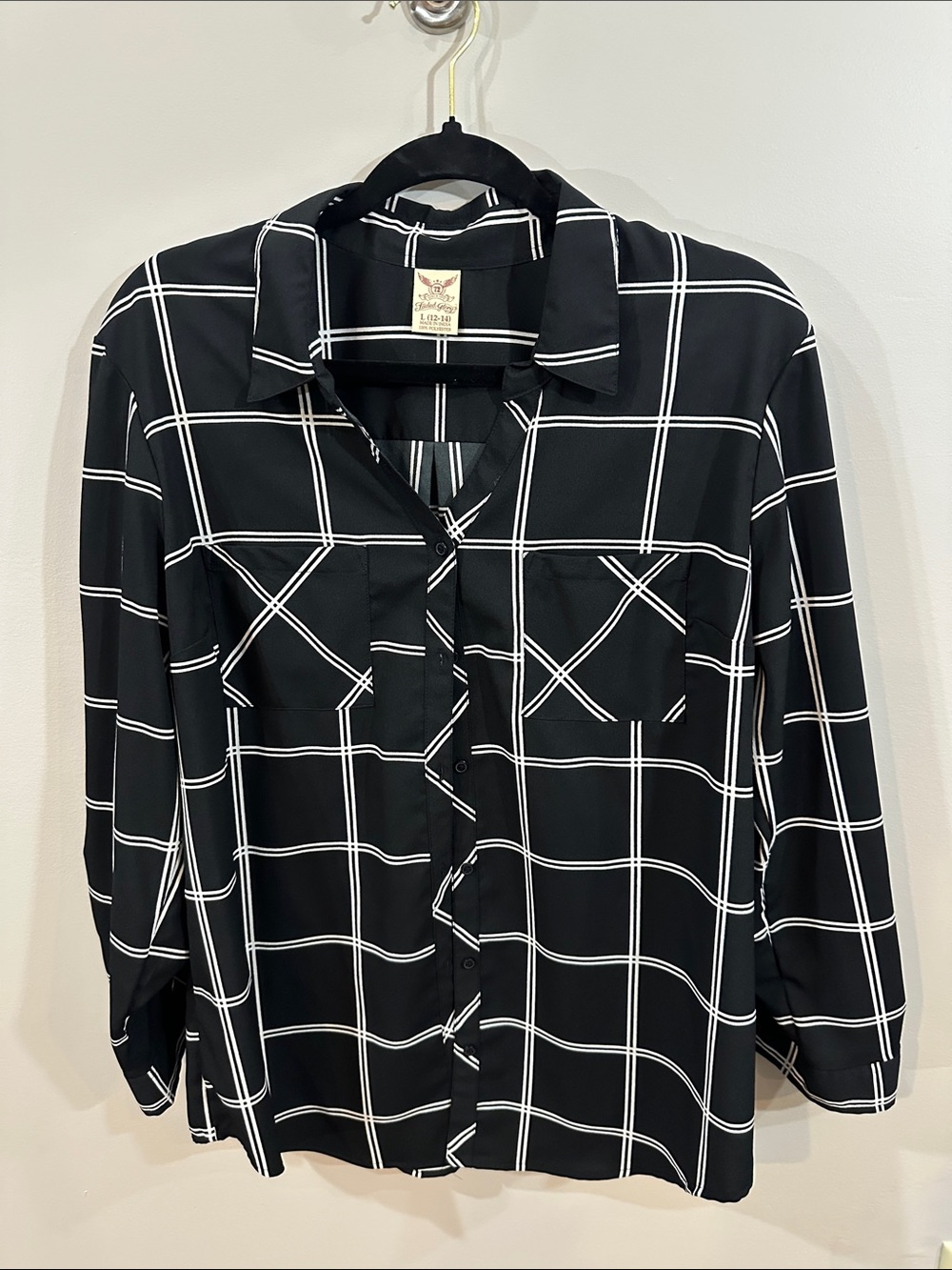Black Button-Down Shirt with White Windowpane Check